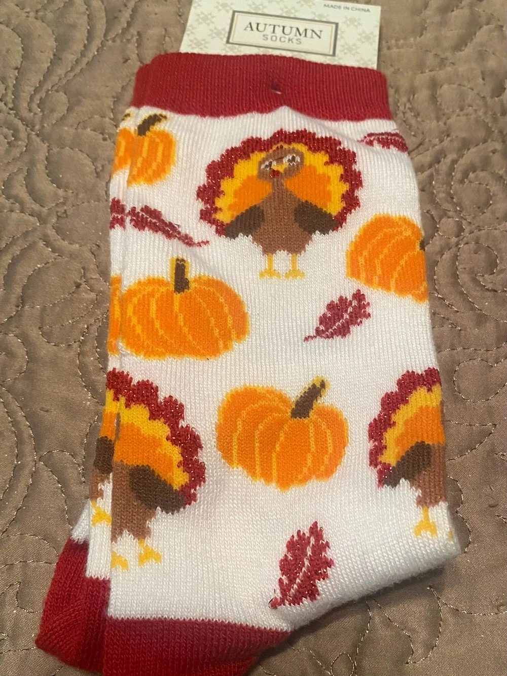 Autumn Socks Turkey & Pumpkin Crew Socks - White & Red